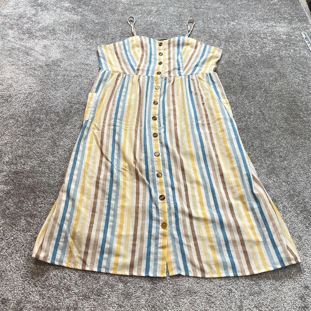 Shein Curve Sun Dress A Line Womens 2XL Yellow Blue Striped Buttons Pockets Long